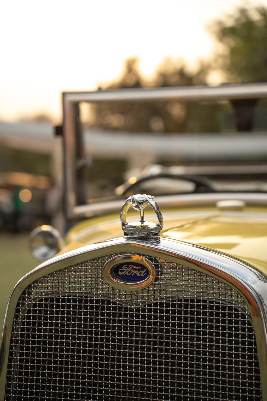 Chrome radiator cap and blue Ford badge on a yellow vintage tourer, mesh grille warm in low sunset light