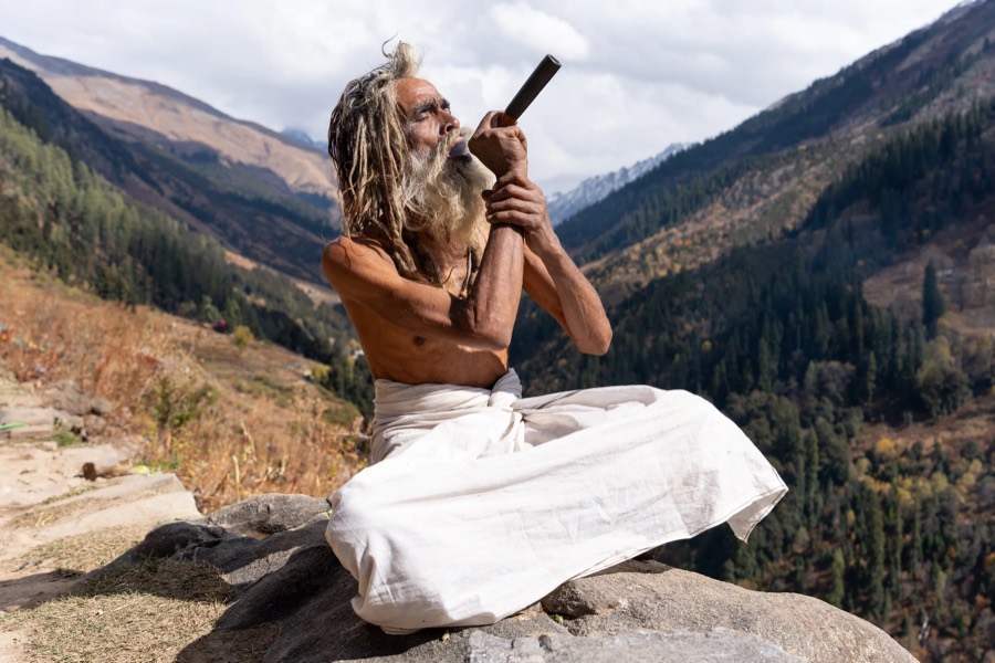 Sadhu with long dreadlocks smoking a chillum on a rock above the forested Waichin Valley, Himachal